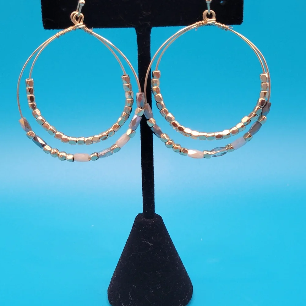 Vintage Hoop Earrings with Gold and Silver Beads. Very Boho. Lightweight. - Picture 2 of 6